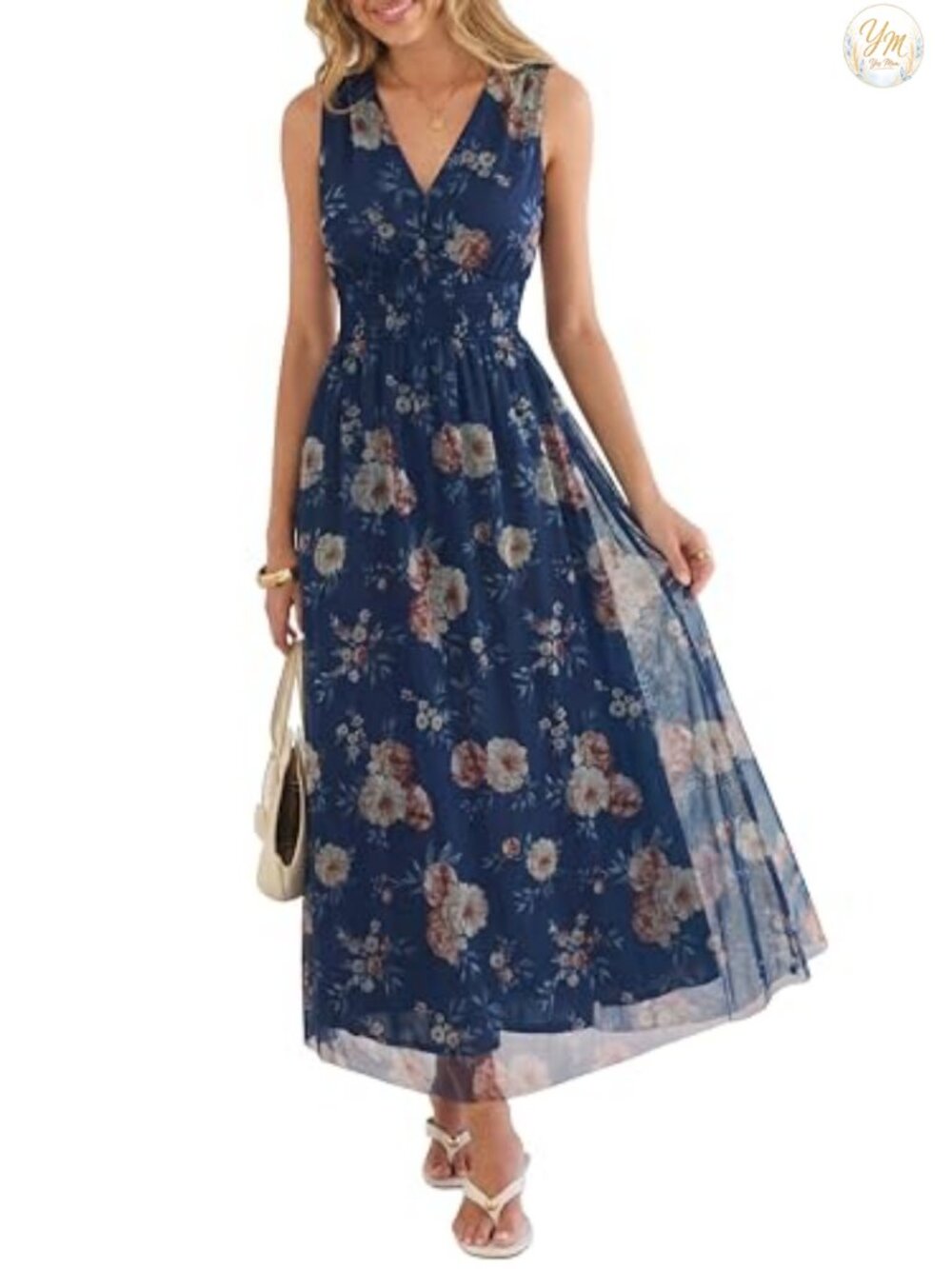 Floral Tulle A-Line Maxi Dress Wedding Guest Sleeveless V-Neck